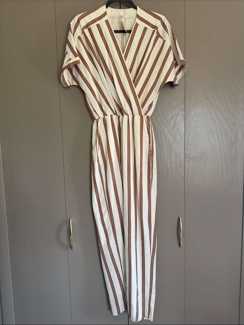 Maje Cream and Brown Striped Wrap Jumpsuit - Picture 3 of 7